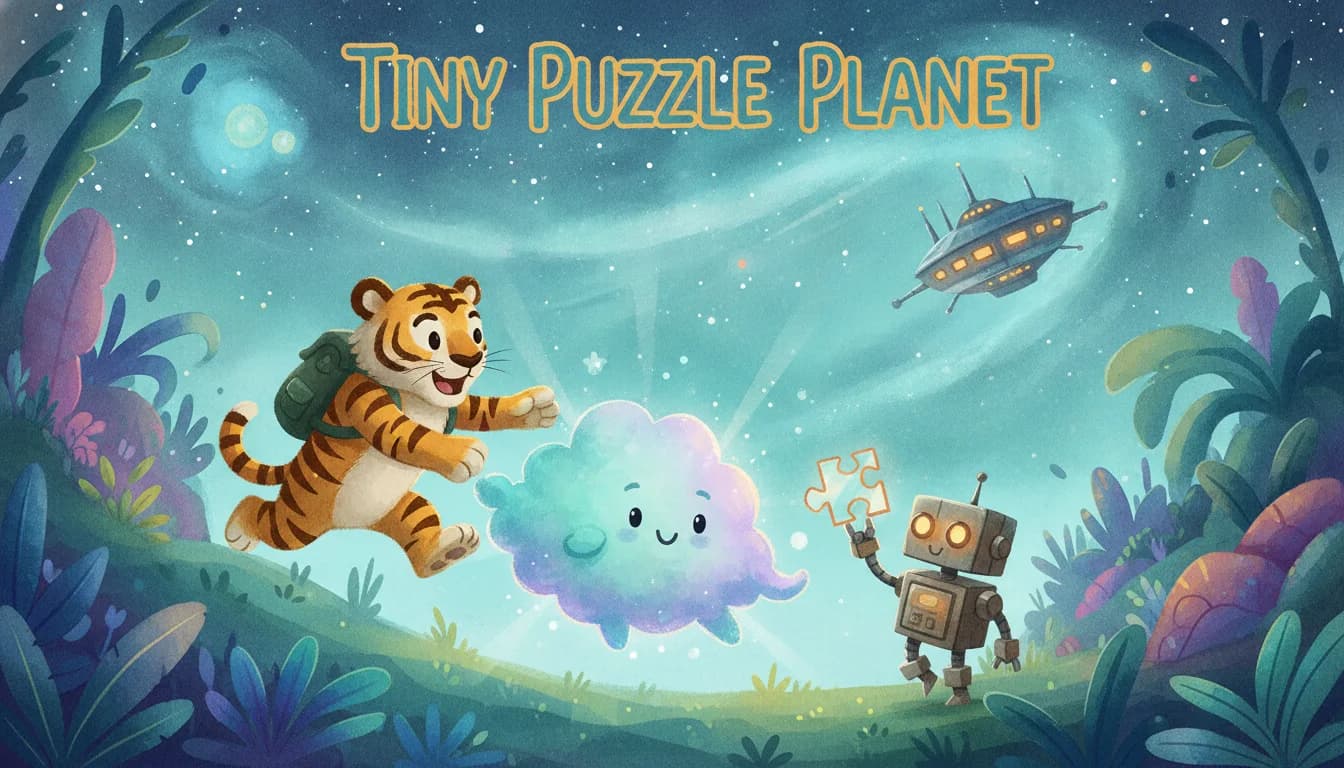 Milo, Luna, and Pip exploring Tiny Puzzle Planet